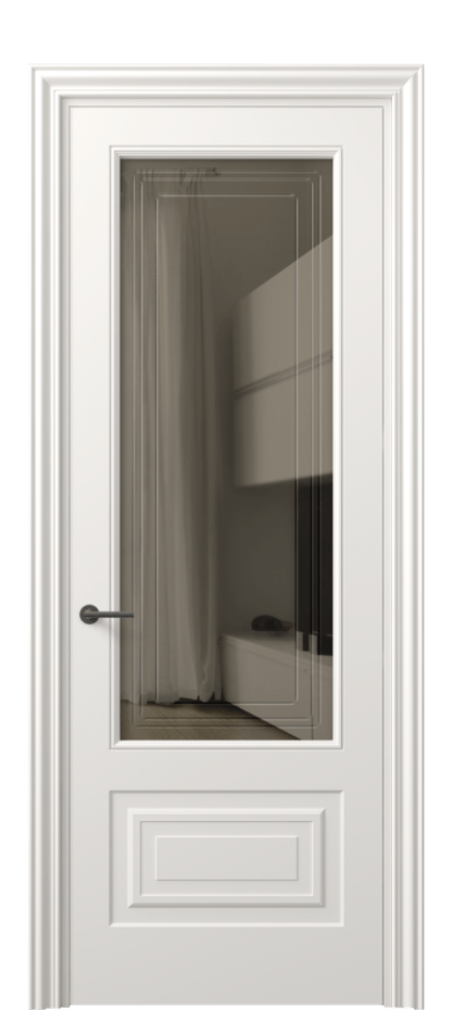 Межкомнатная дверь Маскот 8442 Матовый пудровый белый Прозрачное бронзовое стекло с гравировкой "Грани", триплекс Цена 97300 сом | Volhovec