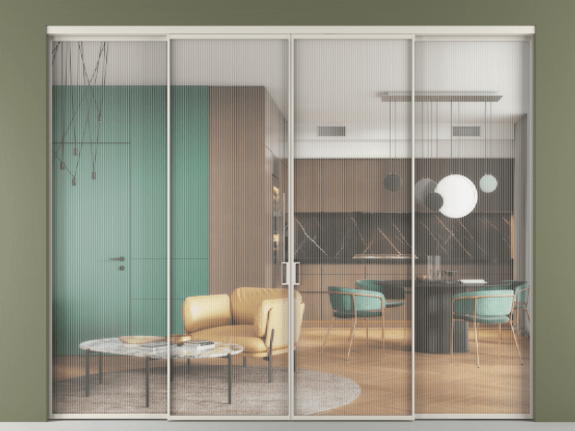 Перегородка Формато внутри проёма 4 створки АЛПР 040.01 Алюминий облачно-серый Рифлёное стекло "Мору", триплекс. Цена 329900 ₽ 1. Полотно 4 шт. (800/2100 мм)
2. Комплект установки раздвижной системы
3. Базовый комплект фурнитуры
4.Ручка Рондо. Фабрика дверей Волховец 8 (800) 551 43 19 Перегородка Формато внутри проёма 4 створки АЛПР 040.01 Алюминий облачно-серый Рифлёное стекло "Мору", триплекс Цена 329900 ₽ | Volhovec