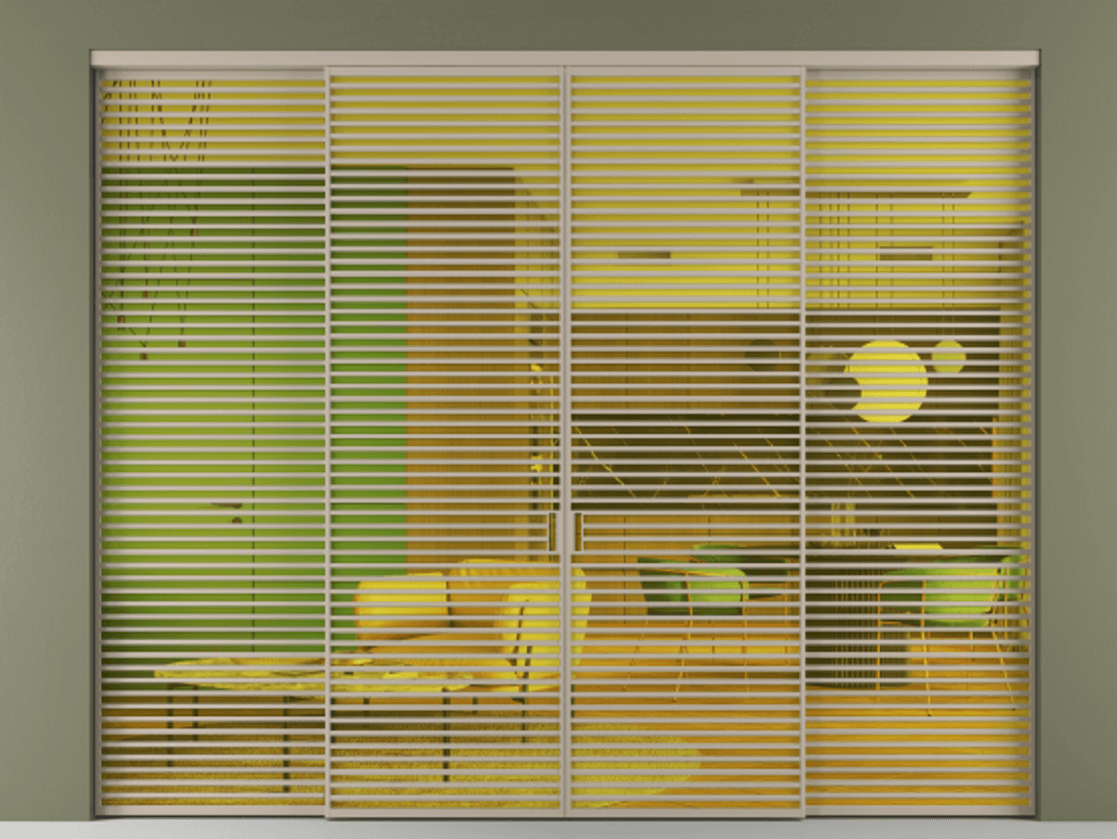 Перегородка Формато внутри проёма 4 створки АЛПР 040.07 Алюминий бисквитный Прозрачное жёлтое стекло, триплекс Цена 616100 ₽  | Volhovec