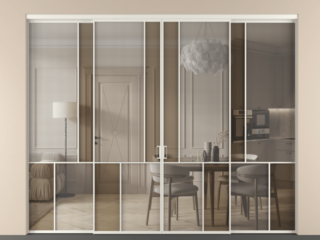 Перегородка Mosaic внутри проёма 4 створки АЛПР 041.20 Алюминий Белый Декоративное стекло с сеткой "Mesh silver", триплекс, 6 мм + Прозрачное бронзовое стекло, триплекс Цена 678440 сом | Volhovec