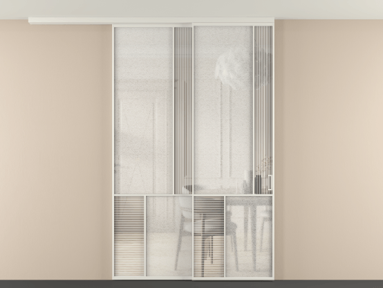 Алюминевая перегородка vdt2_1 БЕЛ. Цвет Алюминий Белый. Материал Алюминий. Коллекция Перегородка Мозаик вдоль стены на потолок 2 створки с синхронным механизмом. Картинка.