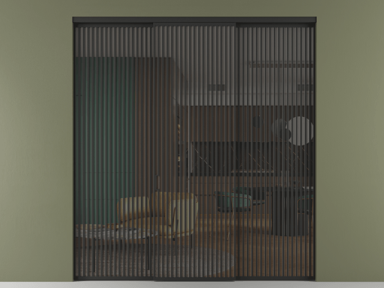 Алюминевая перегородка vn2_06 Серый триплекс ЧЕР. Цвет Алюминий Черный. Материал Алюминий. Коллекция Перегородка Formato внутри проёма 3 створки. Картинка.