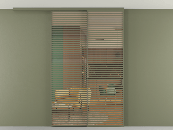 Алюминевая перегородка АЛПР 040.07_АОТ_ПРОЗ ОРАНЖ_new. Цвет Алюминий оливковый тёмный. Материал Алюминий в эмали. Коллекция Перегородка Формато вдоль стены на потолок 2 створки с синхронным механизмом. Картинка.